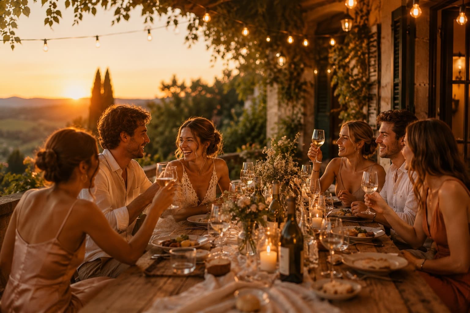 Freunde feiern bei einem Abendessen unter Lichterketten mit Blick auf die Hügellandschaft