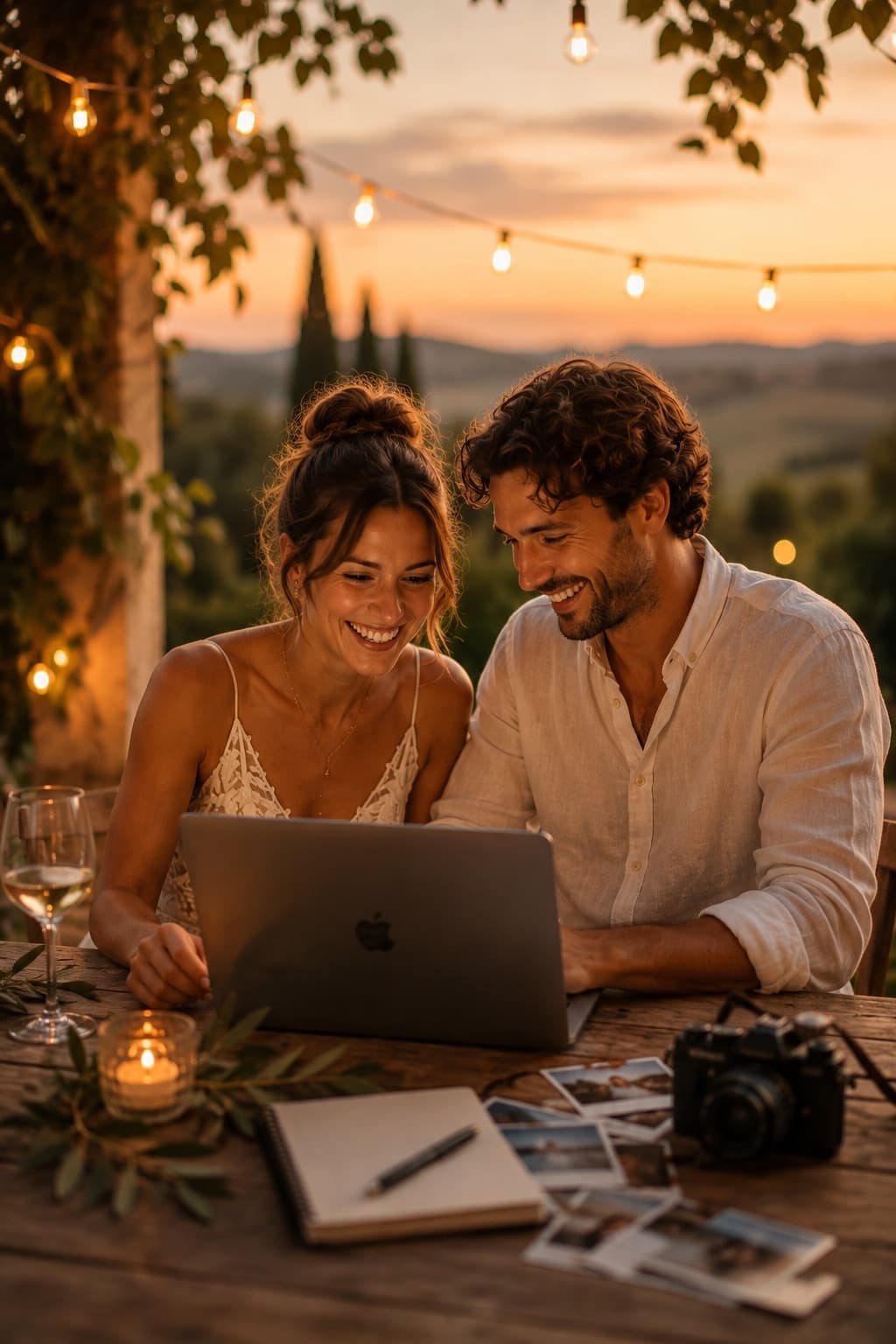 Brautpaar gestaltet bei Sonnenuntergang gemeinsam am Laptop seinen Countdown-Kalender, mit Weinglas, Kamera und Polaroids auf dem Tisch